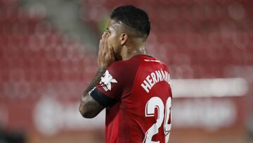 MALLORCA, SPAIN - JULY 16: Cucho Hernandez of RCD Mallorca laments during the Liga match between RCD Mallorca and Granada CF at 	
 Visit Mallorca Estadi on July 16, 2020 in Mallorca, Spain. (Photo by Isaac Buj/Getty Images)