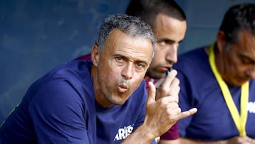 Paris Saint-Germain's Spanish headcoach Luis Enrique reacts during the Austrian Admiral Bundesliga test football match between SK Sturm Graz und Paris Saint-Germain in Klagenfurt, Austria, on August 7, 2024. (Photo by ERWIN SCHERIAU / APA / AFP) / Austria OUT