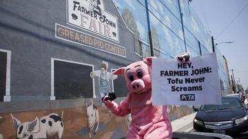 Vernon (United States), 28/05/2020.- Protesters from People for the Ethical Treatment of Animals (PETA) demonstrate outside of a Smithfield-owned Farmer John pork slaughterhouse after 153 workers tested positive for COVID-19 in Vernon, California USA, 28