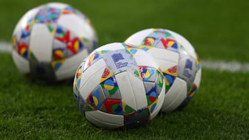 CARDIFF, WALES - SEPTEMBER 06: The match ball with the competition logo is seen prior to the UEFA Nations League B group four match between Wales and Republic of Ireland at Cardiff City Stadium on September 6, 2018 in Cardiff, United Kingdom. (Photo by C