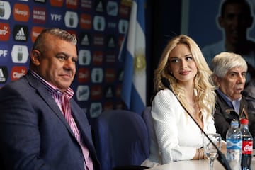 Victoria Lopyreva embajadora del Mundial Rusia 2018. Rueda de prensa en el Predio Julio Humberto Grondona con Claudio Tapia y Hugo Moyano, presidente y vicepreisdente de la AFA respectivamente.