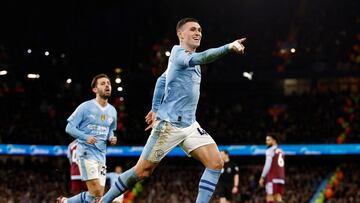 Soccer Football - Premier League - Manchester City v Aston Villa - Etihad Stadium, Manchester, Britain - April 3, 2024 Manchester City's Phil Foden celebrates scoring their third goal Action Images via Reuters/Jason Cairnduff NO USE WITH UNAUTHORIZED AUDIO, VIDEO, DATA, FIXTURE LISTS, CLUB/LEAGUE LOGOS OR 'LIVE' SERVICES. ONLINE IN-MATCH USE LIMITED TO 45 IMAGES, NO VIDEO EMULATION. NO USE IN BETTING, GAMES OR SINGLE CLUB/LEAGUE/PLAYER PUBLICATIONS.     TPX IMAGES OF THE DAY