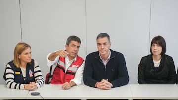 (I-D) La delegada del Gobierno en la Comunitat Valenciana, Pilar Bernabé; el presidente de la Generalitat valenciana, Carlos Mazón; el presidente del Gobierno, Pedro Sánchez y la ministra de Ciencia e Innovación, Diana Morant, durante una reunión en el Centro de Coordinación Operativo Integrado (CECOPI) de la Comunitat Valenciana, a 31 de octubre de 2024, en L'Eliana, Valencia, Comunidad Valenciana (España). Desde este centro se coordinan las labores de emergencia en las zonas afectadas por la DANA. Esta mañana se han reanudado las labores de búsqueda de los desaparecidos en la zona afectada por la dana en la Comunidad Valenciana, que se ha cobrado la vida de al menos 92 personas. Otras tres han muerto en Castilla-La Mancha y una, en la zona de Málaga, todas como consecuencia de la DANA. La Generalitat movilizará 250 millones en ayudas por la catástrofe, con 6.000 euros para cada afectado.
31 OCTUBRE 2024
Jorge Gil / Europa Press
31/10/2024