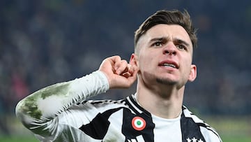 Juventus' Portuguese forward #7 Francisco Conceicao celebrates his team's first goal during the Italian Serie A football match between Juventus and Inter Milan at the Juventus Stadium in Turin on February 16, 2025. (Photo by Isabella BONOTTO / AFP)