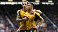 WEST BROMWICH, ENGLAND - MARCH 18:  Alexis Sanchez of Arsenal (R) celebrates scoring his sides first goal with Hector Bellerin of Arsenal (L) during the Premier League match between West Bromwich Albion and Arsenal at The Hawthorns on March 18, 2017 in We