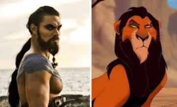 Jason Momoa caracterizado como Kahl Drogo para 'Juego de Tronos', como Scar de 'El Rey León'