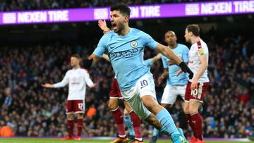 MANCHESTER, ENGLAND - JANUARY 06:  Sergio Aguero of Manchester City celebrates scoring his first goal during The Emirates FA Cup Third Round match between Manchester City and Burnley at Etihad Stadium on January 6, 2018 in Manchester, England.  (Photo by 