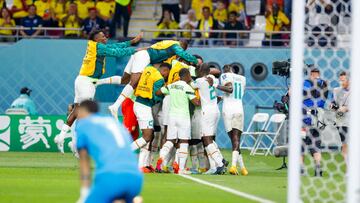 DOHA, QATAR - NOVEMBER 29: Kalidou Koulibaly of Senegal celebrates after scoring his team's second goal with teammates during the FIFA World Cup Qatar 2022 Group A match between Ecuador and Senegal at Khalifa International Stadium on November 29, 2022 in Doha, Qatar. (Photo by Matteo Ciambelli/DeFodi Images via Getty Images)