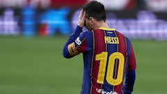 SEVILLE, SPAIN - FEBRUARY 10: Lionel Messi of FC Barcelona reacts during the Copa del Rey Semi Final First Leg Match between Sevilla FC and FC Barcelona at Estadio Ramon Sanchez Pizjuan on February 10, 2021 in Seville, Spain. Sporting stadiums around Spai
