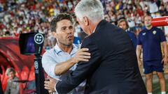 Joan Francesc Ferrer Rubi of UD Almeria with Carlo Ancelotti of Real Madrid during the La Liga match between UD Almeria and Real Madrid at Power Horse Stadium 'Estadio de los Juegos Mediterráneos' in Almeria, Spain. (Photo by DAX Images/NurPhoto via Getty Images)