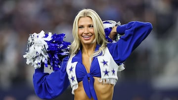 Nov 12, 2023; Arlington, Texas, USA;  Dallas Cowboys cheerleader performs during the second half against the New York Giants at AT&T Stadium. Mandatory Credit: Kevin Jairaj-USA TODAY Sports