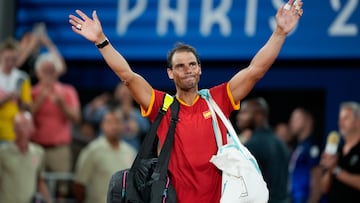 PARIS, FRANCE - JULY 31: Rafael Nadal of Spain waves to the crowd after losing in the Men's Double Quarterfinal on day five of the Olympic Games Paris 2024 at Roland Garros on July 31, 2024 in Paris, France. (Photo by Eurasia Sport Images/Getty Images)