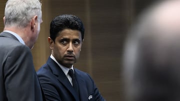 Nyon (Switzerland Schweiz Suisse), 10/10/2023.- Nasser Al-Khelaifi, President of Paris Saint-Germain and ECA representative attends the UEFA EURO 2028 and 2032 hosts announcement ceremony at UEFA Headquarters, in Nyon, Switzerland, 10 October 2023. (Suiza) EFE/EPA/JEAN-CHRISTOPHE BOTT