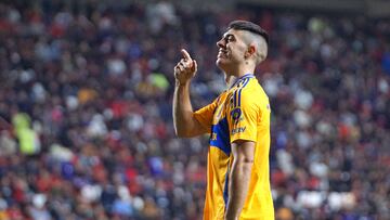 Juan Brunetta celebrates his goal 0-2 of Tigres during the 15th round match between Tijuana and Tigres UANL as part of the Liga BBVA MX, Torneo Apertura 2024 at Caliente Stadium on November 01, 2024 in Tijuana, Baja California, Mexico.