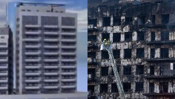 Comparación entre cómo era el edificio incendiado y cómo ha quedado tras las devastadoras llamas.