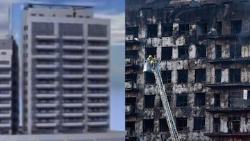 Comparación entre cómo era el edificio incendiado y cómo ha quedado tras las devastadoras llamas.