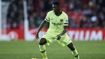 Bilbao, northern Spain, Sunday, February, 10, 2019. Ousmane Dembele during the Spanish La Liga soccer match between Athletic Club Bilbao and F.C Barcelona at San Mames stadium.