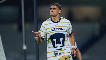 Guillermo Martinez celebrates his goal 1-0 of Pumas during the round one second leg match between Pumas UNAM and Cavalry FC as part of the CONCACAF Champions Cup 2025, at Olimpico Universitario Stadium on February 13, 2025 in Mexico City, Mexico.