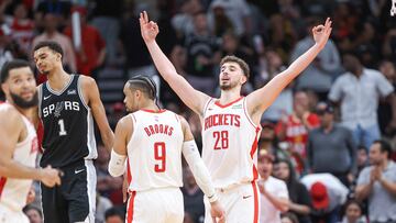 Houston Rockets center Alperen Sengun (28) celebrates after scoring a basket during the fourth quarter against the San Antonio Spurs at Toyota Center.