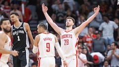 Houston Rockets center Alperen Sengun (28) celebrates after scoring a basket during the fourth quarter against the San Antonio Spurs at Toyota Center.