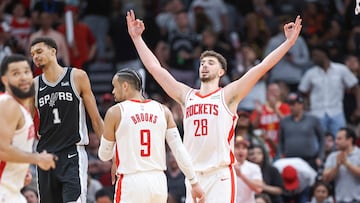 Houston Rockets center Alperen Sengun (28) celebrates after scoring a basket during the fourth quarter against the San Antonio Spurs at Toyota Center.