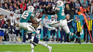 Dec 11, 2017; Miami Gardens, FL, USA; Miami Dolphins free safety Reshad Jones (20) and defensive back Alterraun Verner (42) break up a pass to New England Patriots wide receiver Chris Hogan (15) during the second half at Hard Rock Stadium. Mandatory Credit: Jasen Vinlove-USA TODAY Sports