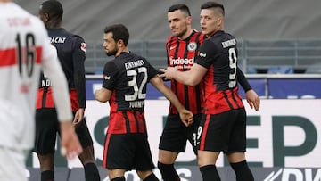 Frankfurt's Serbian midfielder Filip Kostic (C-R) celebrates with teammates scoring his first goal during the German first division Bundesliga football match between Eintracht Frankfurt and VfB Stuttgart in Frankfurt, western Germany, on March 6, 202