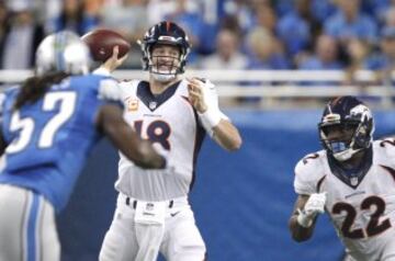 Los Broncos se llevaron con relativa facilidad en encuentro ante los Lions en Detroit, de la mano de un Peyton Manning rejuvenecido al que no le tembl¨® el brazo y que acab¨® con 324 yardas de pase (23 de 45), 2 touchdowns y una intercepci¨®n. Sus receptores m¨¢s usados fueron Demaryus Thomas con 9 recepciones, Emmanuel Sanders con 6 y el tight end Owen Daniels con 5.