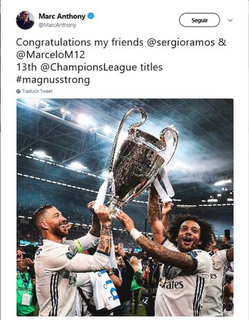 El cantante mundialmente conocido, Marc Anthony, ex de Jennifer L¨®pez tambi¨¦n ha querido mencionar al Real Madrid en su cuenta de Twitter.