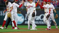 Oct 11, 2023; Philadelphia, Pennsylvania, USA; The Philadelphia Phillies celebrate after beating the Atlanta Braves in game three of the NLDS for the 2023 MLB playoffs at Citizens Bank Park. Mandatory Credit: Bill Streicher-USA TODAY Sports