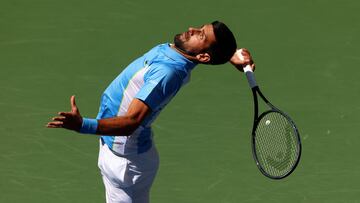 NEW YORK, NEW YORK - AUGUST 30: Novak Djokovic of Serbia serves against Bernabe Zapata Miralles of Spain during their Men's Singles Second Round match on Day Two of the 2023 US Open at the USTA Billie Jean King National Tennis Center on August 30, 2023 in the Flushing neighborhood of the Queens borough of New York City.   Clive Brunskill/Getty Images/AFP (Photo by CLIVE BRUNSKILL / GETTY IMAGES NORTH AMERICA / Getty Images via AFP)