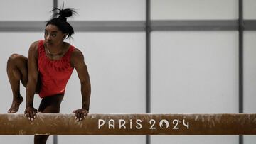 US' Simone Biles takes part in a training session at the Gymnastics training centre in Le Bourget, on July 22, 2024, ahead of the Paris 2024 Olympic Games. (Photo by JEFF PACHOUD / AFP)