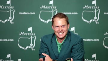 Danny Willett of England speaks to the press after winning the 2016 Masters Tournament at Augusta National.