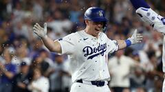 Jul 5, 2024; Los Angeles, California, USA;  Los Angeles Dodgers catcher Will Smith (16) reacts after hitting a third home run of the game during the seventh inning against the Milwaukee Brewers at Dodger Stadium. Mandatory Credit: Kiyoshi Mio-USA TODAY Sports