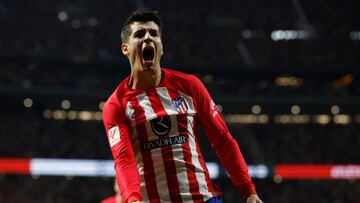 Atletico Madrid's Spanish forward #19 Alvaro Morata celebrates scoring the opening goal during the Spanish Liga football match between Club Atletico de Madrid and Real Madrid CF at the Metropolitano stadium in Madrid on September 24, 2023. (Photo by Oscar DEL POZO / AFP)