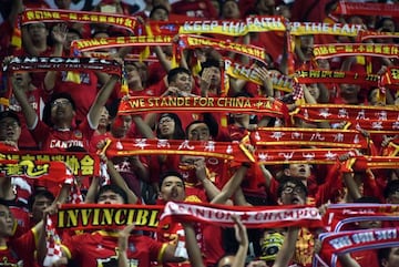 Guangzhou Evergrande fans pictured at Mongkok Stadium, Hong Kong.