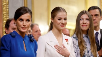 Spain's Princess Leonor reacts after swearing an oath to the constitution, next to Queen Letizia, Princess Sofia and Spain's acting Prime Minister Pedro Sanchez at the parliament in Madrid, Spain, October 31, 2023. REUTERS/Juan Medina