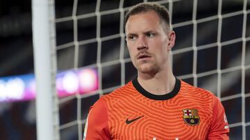 FC Barcelona's goalkeeper Marc-Andre Ter Stegen during Spanish La Liga match between Levante UD cf and FC Barcelona at Ciutat de Valencia stadium. In Valencia on May 11, 2021.