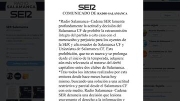 Salamanca CF sigue con su veto a La SER, que no dará el derbi