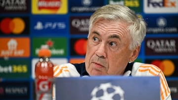 Real Madrid's Italian coach Carlo Ancelotti reacts as he speaks during a press conference at Anfield Stadium in Liverpool, north west England, on November 26, 2024, on the eve of their UEFA Champions League football match against Liverpool. (Photo by Paul ELLIS / AFP)