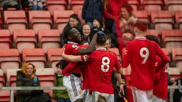 LEIGH, ENGLAND - FEBRUARY 11: Omari Forson of Manchester United U21s celebrates scoring their third goal during the Premier League 2 match between Manchester United U21s and Everton U21s at Leigh Sports Village on February 11, 2023 in Leigh, England. (Photo by Ash Donelon/Manchester United via Getty Images)