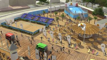 Recreaci¨®n de la playa artificial con piscina de olas que se instalar¨¢ en la plaza de Col¨®n de Madrid.