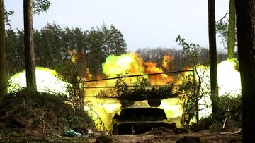 Ukrainian servicemen with the 95th Brigade fire artillery, amid Russia's attack on Ukraine, at the frontline in the region of Lyman, Ukraine, April 7, 2023. REUTERS/Kai Pfaffenbach