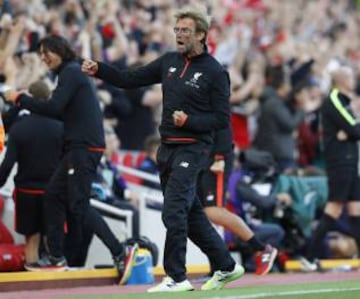 Jumping for joy on the touchline, Jurgen Klopp's manic celebrations were replicated all around him as Liverpool's biggest crowd since 1977 hailed a 4-1 thrashing of champions Leicester. The last time an attendance of 53,000 or more packed into Anfield, Li