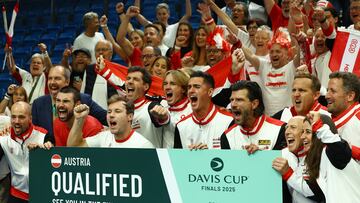 Tennis - Davis Cup - Qualifiers - Second Round - Hungary v Austria - Fonix Arena, Debrecen, Hungary - September 13, 2025 Team Austia pose for a photo with qualified banner REUTERS/Bernadett Szabo