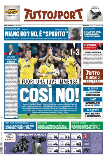 Tuttosport (Tur¨ªn, Italia): "As¨ª no. Fuera una Juve enorme. Blanquinegros extraordinarios, rozando una espectacular remontada: a punto de la pr¨®rroga, el ¨¢rbitro la castig¨® con un penalti pol¨¦mico y con la expulsi¨®n de Buffon por protesta".