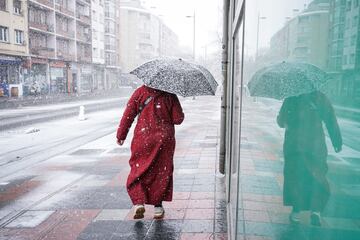 Una mujer se refugia de la nieve con un paraguas en Vitoria-Gasteiz. La ciudad de Vitoria ha amanecido cubierto de un manto blanco de nieve después de que bajara la cota de nieve a los 200 metros. La nieve y el hielo han provocado problemas en las carreteras alavesas y se han cerrado puertos.
