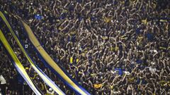 BUENOS AIRES, ARGENTINA - FEBRUARY 13:  Fans of Boca Juniors cheer for their team during a match between Boca Juniors and Colon as part of Copa Liga Profesional 2022 at Estadio Alberto J. Armando on February 13, 2022 in Buenos Aires, Argentina. (Photo by 