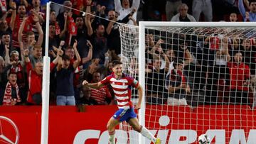 Miguel Rubio, of Granada CF scores the first goal during the La Liga Smartbank match between Granada CF and Real Zaragoza at Nuevo Los Carmenes Stadium on October 21, 2022 in Granada, Spain.
(Photo by Álex Cámara/NurPhoto via Getty Images)