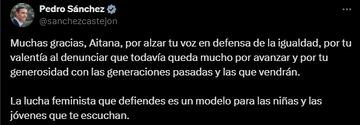 Pedro Sánchez se rinde ante Aitana por su discurso feminista en los Premios Elle. TWITTER